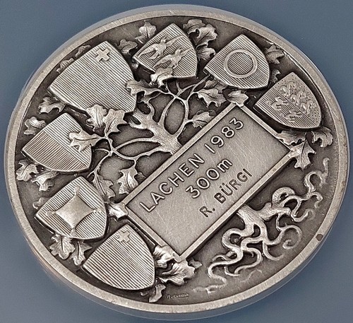 1983 Swiss Shooting Fest Medal, R-1107a VAR, AR, 50 mm, Schwyz, MS 62 NGC! - Picture 4 of 7