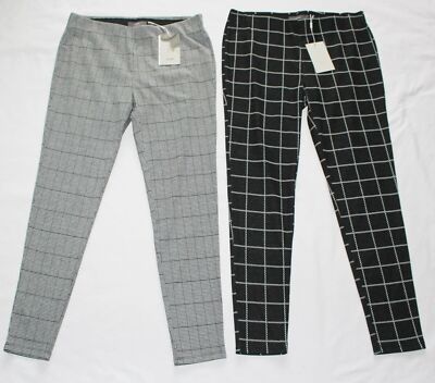 (2) New ICHI Leggings Pant Women's LARGE L Black Gray Check Houndstooth Stretch