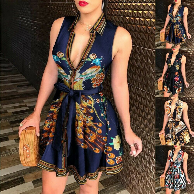 Women's Clothing Dress M-2XL Polyester Printing Sexy Sleeveless V Neck |  eBay