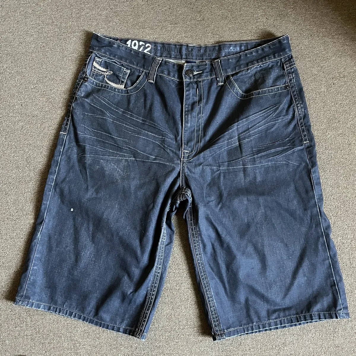 Vintage Ecko Unltd Embroidered Baggy Fit Waxed Denim Jean Shorts Jorts Size  38