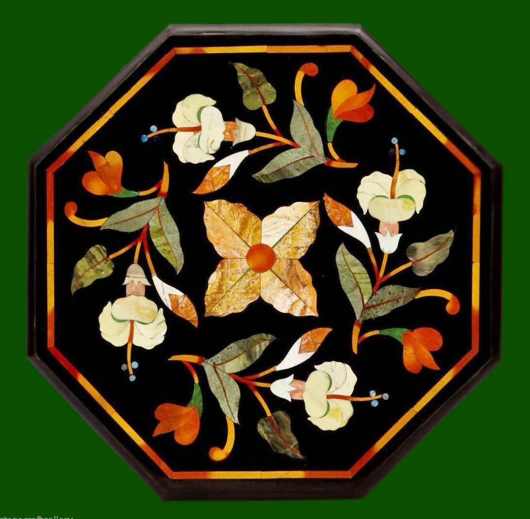 18-Inch Marble Corner Table Top with Semi-Precious Stone Inlay Handicraft