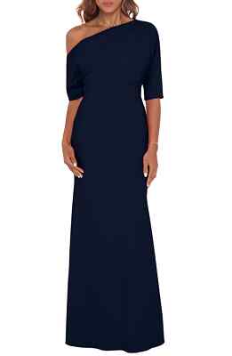 nordstrom navy bridesmaid dresses NEW BETSY & ADAM One-Shoulder Crepe Scuba Trumpet GOWN Sz 8 $249 WNewFurnitureJune25 What colour is this Color:BORDEAUX Sleeveless Back
