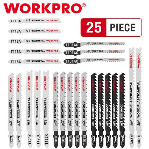 Workpro 25pc Tshank Jig Saw Blade Set Hcs/hss/bim Wood Plastic Metal