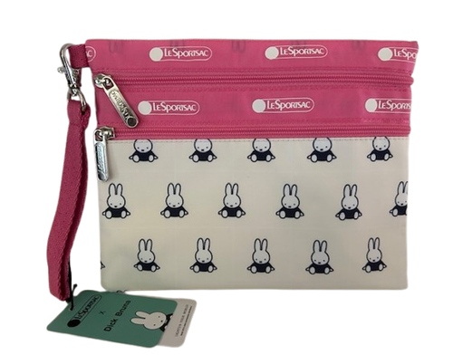 Neu Miffy PINK WEISS Lesportsac Fun World Doppel Clutch Geldbörse Kalbsleder Portemonnaie
