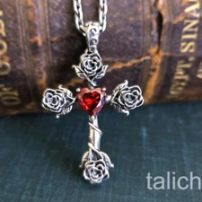 Solid 925 Sterling Silver Rose Flower Cross Pendant with Red CZ Heart Beautiful