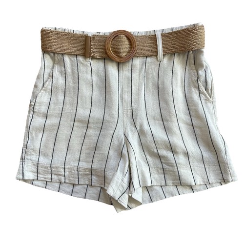 ONE5ONE Leinenmischung gestreifte Shorts mit Gürtel Small hohe Taille Sommer neutral - Bild 1 von 8