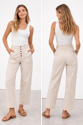 Massimo Dutti Beige Women Pants Size EU 34 US 2 High Waist Stretch Cotton 