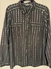 Rebecca Malone Black Button Down Top With Silver  Shiny Sequin Size XL EUC