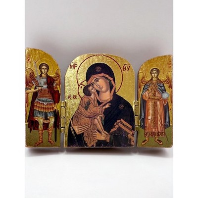 Mini Triptychon Ikone aus Holz: Jungfrau Maria & Kind, Reiseskone Blattgold
