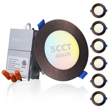 6/12 Pack 4 Inch 5CCT Slim Recessed Lighting with J-Box, Oil Rubbed Bronze