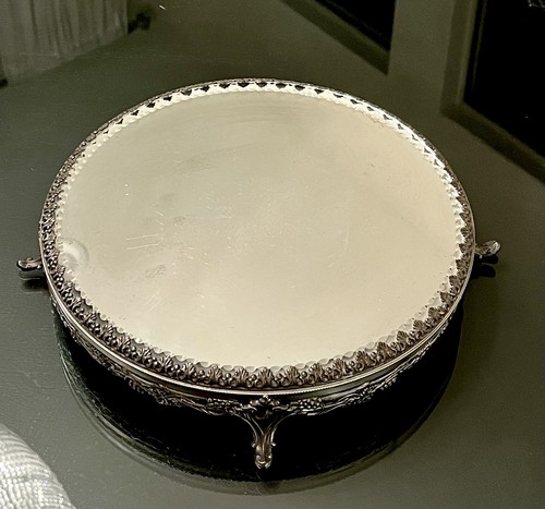 Vintage Ornate Footed Scalloped Beveled Mirror Vanity Metal Tray 12"