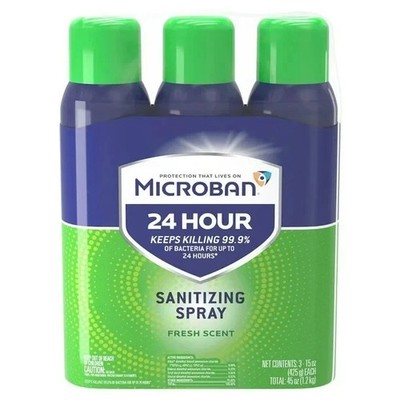 Microban 24 Hr Sanitizing Spray, Kills 99.9% Bacteria, Fresh Scent, 15oz, 3 pack