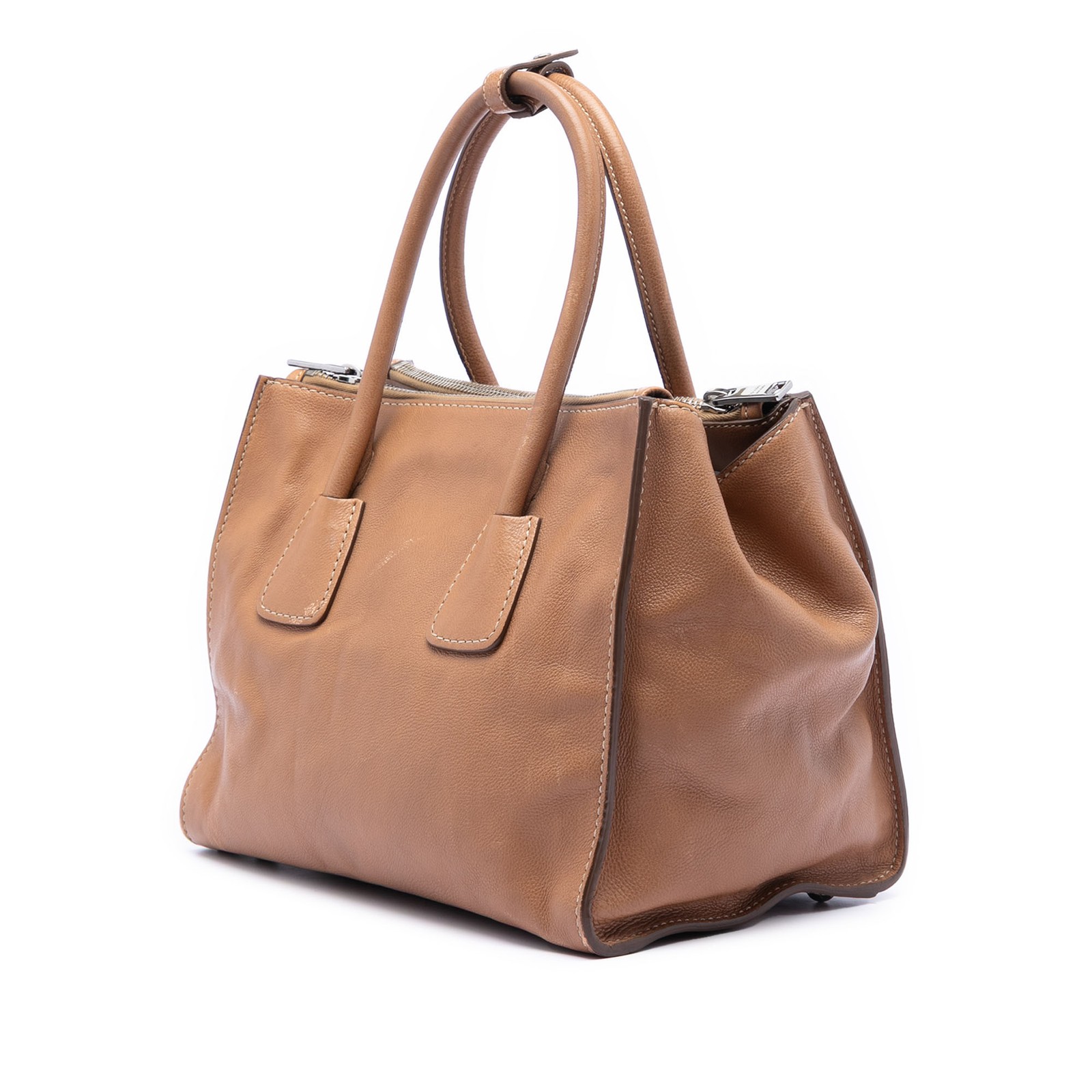 Authenticated Prada Glace Calf Twin Pocket Double Handle Light Brown thumbnail 2