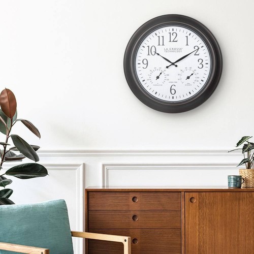 18 in. Indoor/Outdoor Dark Brown Atomic Analog Wall Clock with Temp and Humidity - Picture 6 of 8