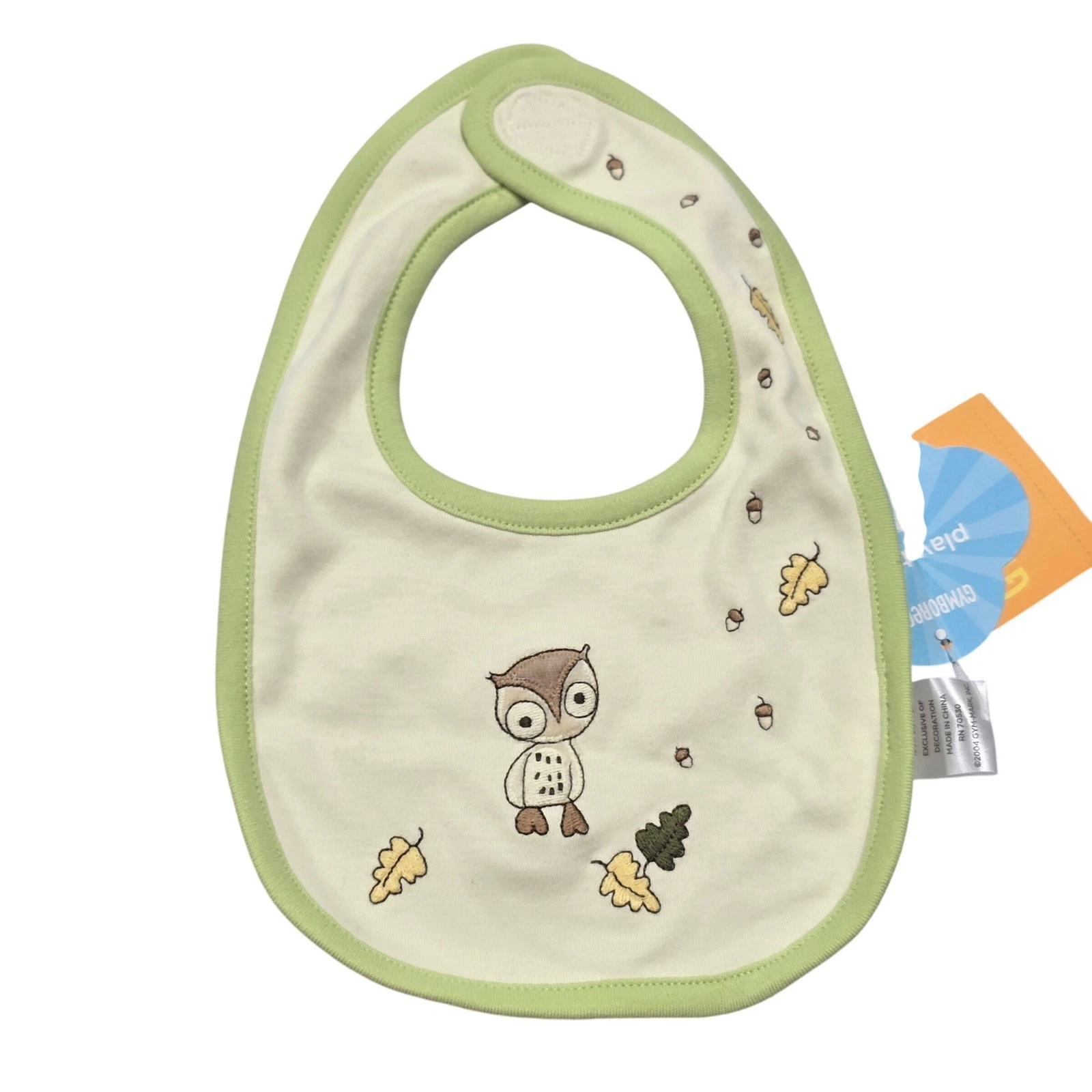 Gymboree Cozy Critters Baby Bib Owl Acorn Leaf Cotton Green White Snap 2004 NEW