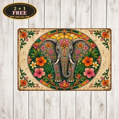 Bohemian Elephant Floral Mandala Pattern Faux Suncatcher Metal Sign 8x12