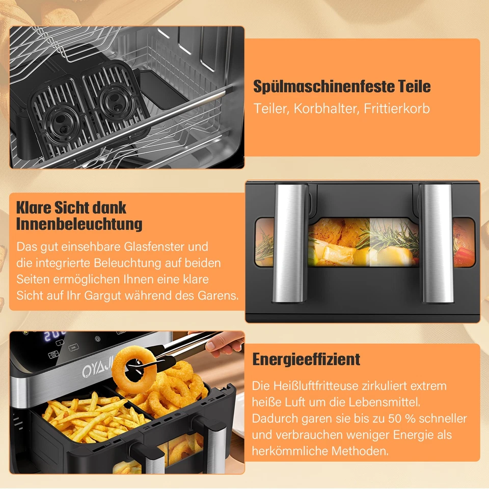 10L Doppel Heißluftfritteuse XXL Dual Air Fryer Digital Fritteuse Ohne Öl 2400W - Bild 4 von 4