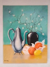 MCM Vintage Still Life Oranges, Asian Florals and Tea Pot on Canvas Signed