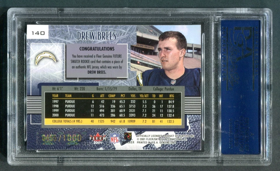 2001 Fleer Genuine Drew Brees Jersey RC 455/1000 PSA 9 MINT - Image 2 of 2