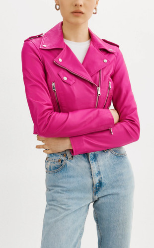 $595 - LAMARQUE Women's "Ciara" Cropped Zip Leather Moto Biker Jacket - Pink - L