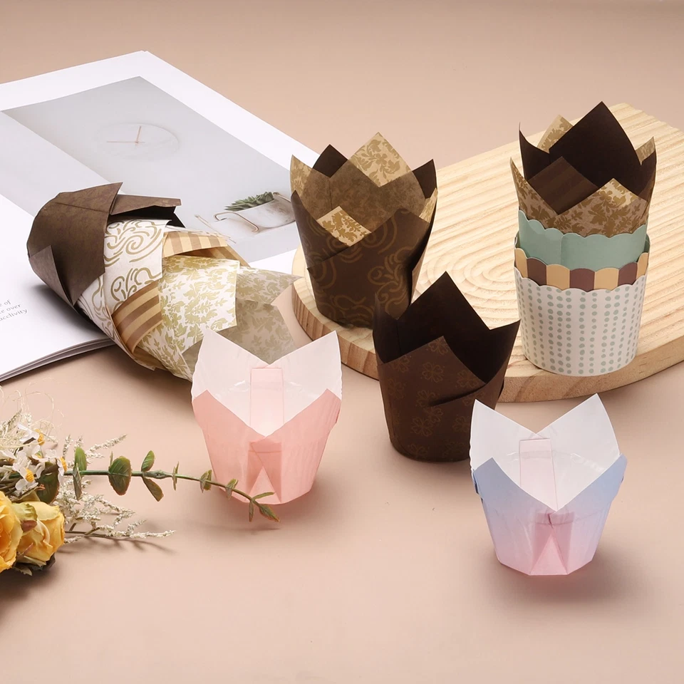 150 Tulpen Backförmchen Cupcake Muffins Liner Papier Wrapper (Goldblume, Kaffee) - Bild 3 von 4