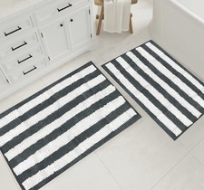 Large 2 Piece Set Charcoal Grey White Stripe Soft Cozy Plush Chenille Bath Mat