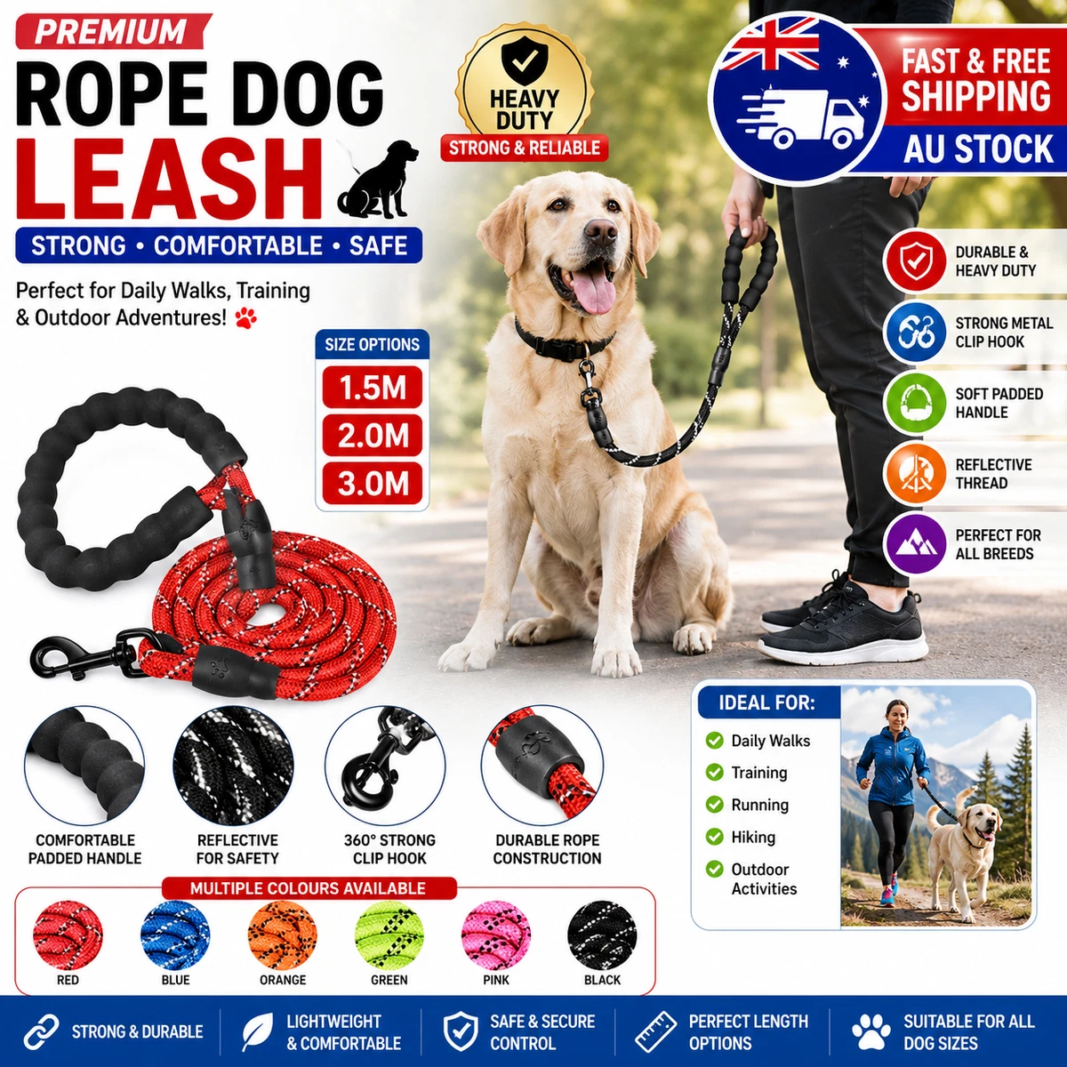 Pet Strong Rope Long Nylon Training Dog Puppy Leash Heavy Duty Lead Soft Handle
