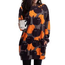 Womens Halloween Pumpkin Sweatshirt Black Cat Long Sleeve Crewneck Pullover S...