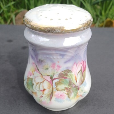 Antique SUGAR SHAKER Muffineer Violets Signed Austrian Peony Lotus