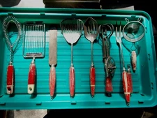 24 pc. VINTAGE WOOD RED HANDLE KITCHEN Gadgets Collection!