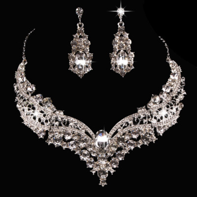 Fashion Bridal Wedding Cut Crystal Cubic Necklace Earring Jewelry Set Prom Party