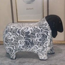 Vintage Folk Art Lace Lamb Sheep Figure Wood Figurine Lthr Ears 8.5&rdquo;T 10.5&rdquo;L 3&rdquo;D