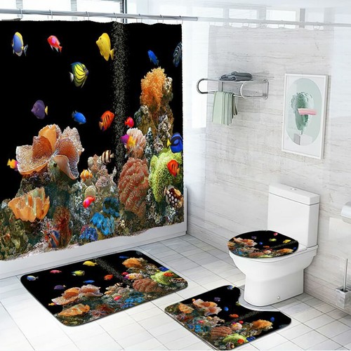 Aquarium Fish Waterproof Shower Curtain Set Non-Slip Bath Mat Toilet Lid Cover - Picture 13 of 14
