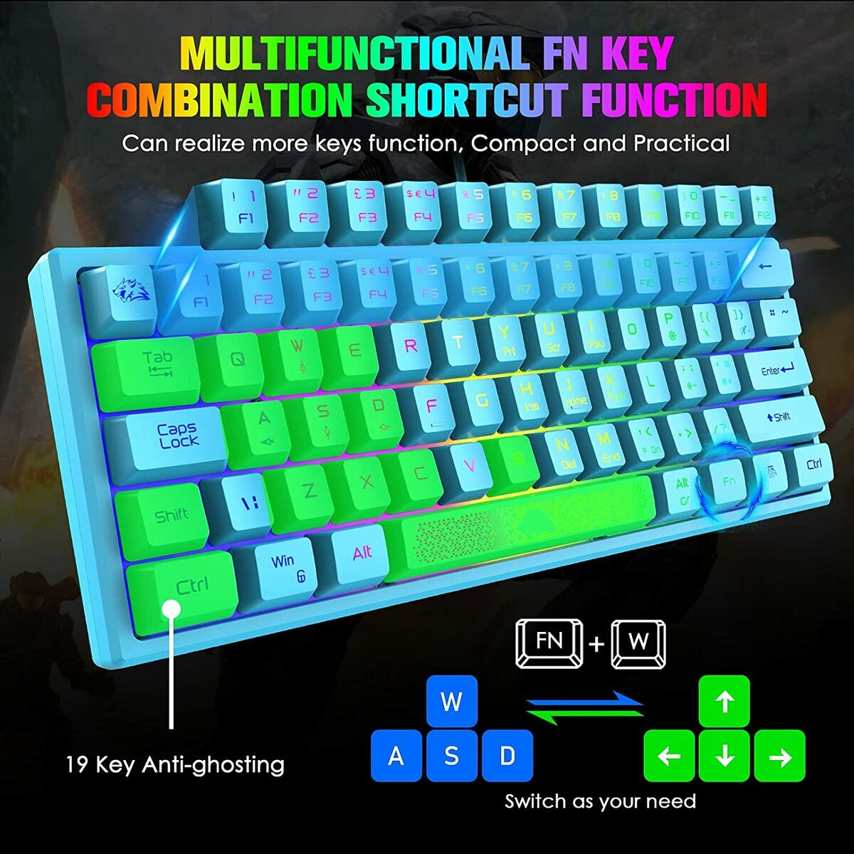 Wired Gaming Keyboard RGB Backlit Portable 60% Tenkeyless Keypad Mechanical  Feel