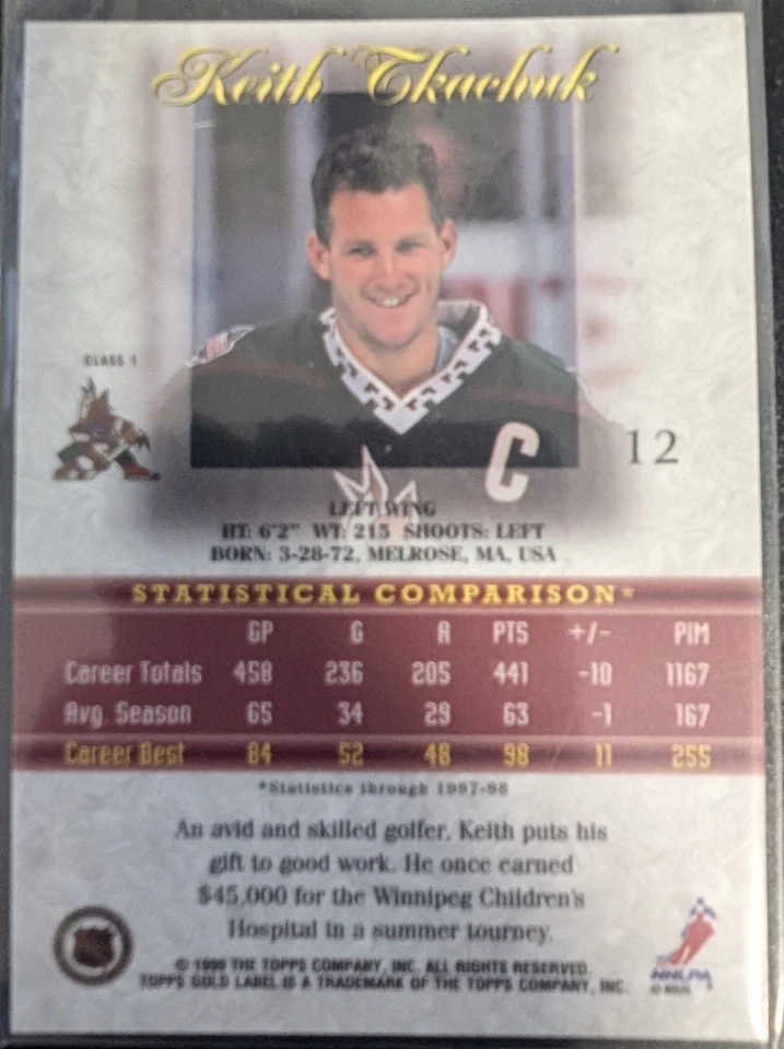 1998-99 TOPPS GOLD LABEL BLACK VARIANT #12 KEITH TKACHUK COYOTES MINT! - Image 2 of 2