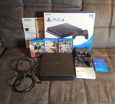 PS4 Slim 500GB + 2 Controller + 3 Spiele + Kabel   guter Zustand