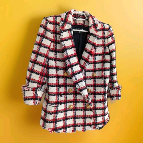 OFF WHITE Blazer BALMAIN Giacca Tweed Doppio Petto Lana Bottone Nero Rosso Taglia 40 L