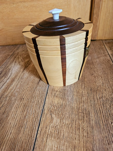 Vintage LANCROFT laminowane 2-kolorowe drewniane wiadro na lód treen z wkładką domowy bar - Zdjęcie 5 z 11