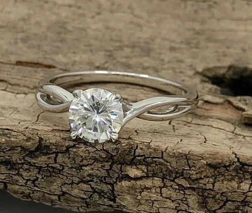 2 Ct Round Cut Real Moissanite Solitaire Engagement Ring 14K White Gold Plated