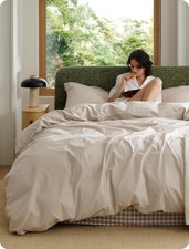 100 Washed Cotton Duvet Cover King Size - Oatmeal Minimalist Bedding Set Linen