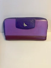 One Odd Bird Light/Dark Purple Large Clutch Leather Wallet Red Hat Society EUC