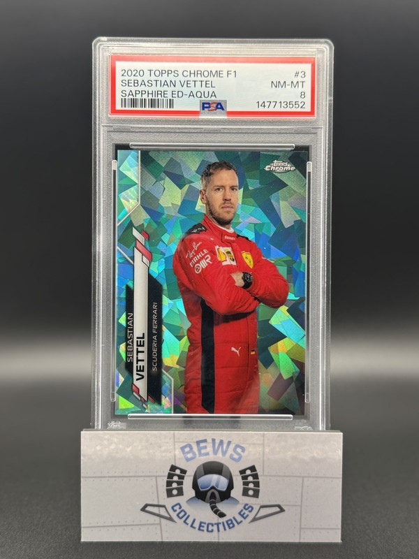 2020 Topps Chrome Sapphire F1 Sebastian Vettel Aqua Portrait #3 PSA 8