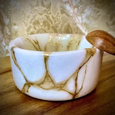 KINTSUGI NAMBE WHITE GOLD MARBLE DIP BOWL & SPOON 3" HAND MADE FOOD SAFE NEW #2