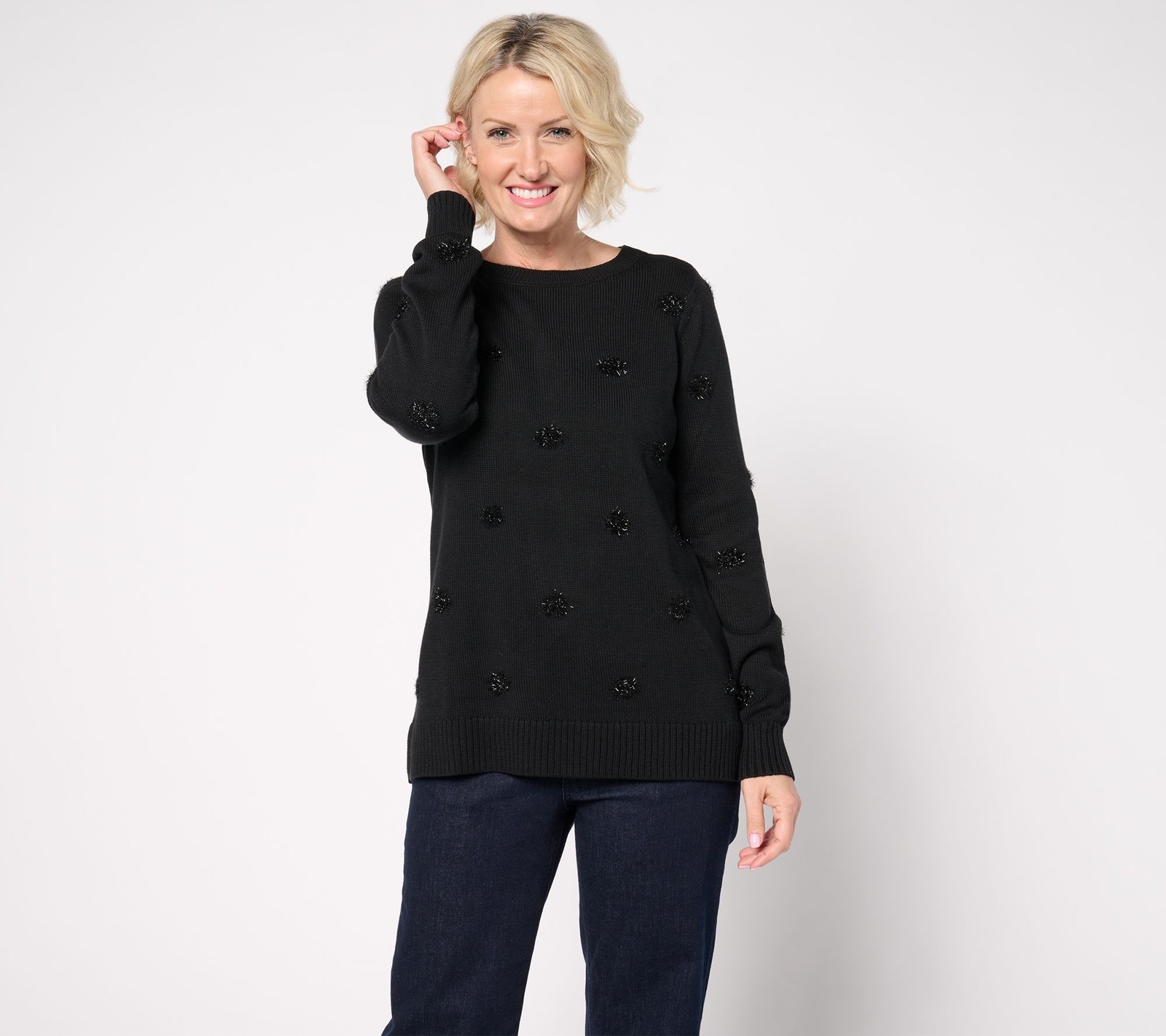 Belle by Kim Gravel Women's Top Sweater Sz L Tinsel Dots Bateau Black A670900
