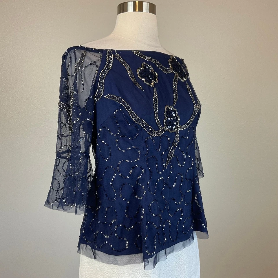 Adrianna Papell Women's Blouse Size 8 Blue Beaded Off the Shoulder Chiffon - image 2 of 4