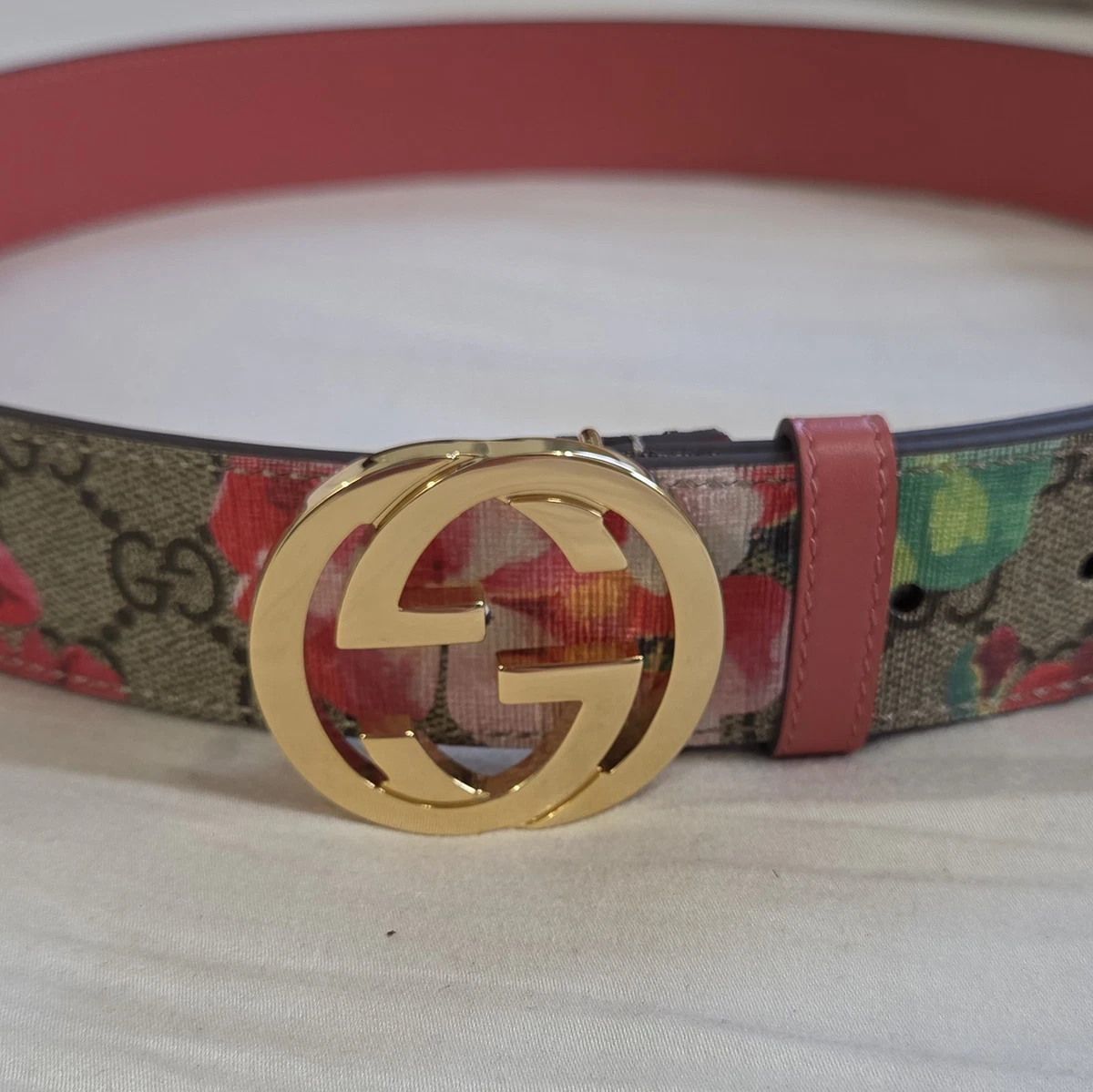 Gucci Blooms GG Supreme Belt Tiger Buckle Floral Canvas Red Leather 90/36 Gucci GG Supreme Blooms Belt with Brass Tiger Head Buckle in  main image 3