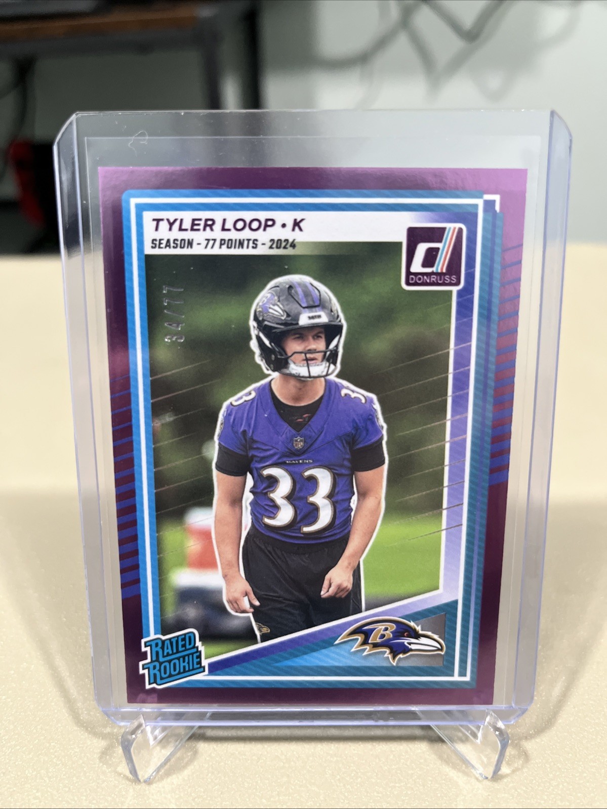 2025 Panini Donruss Rated Rookie Season Stat Line /77 Tyler Loop #382 Ravens