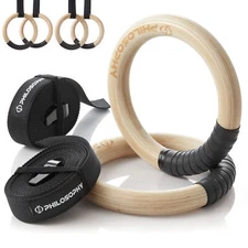Wood Gymnastic Rings 1"/1.25" Exercise Ring Set w/ Adjustable Straps, Grip Tape