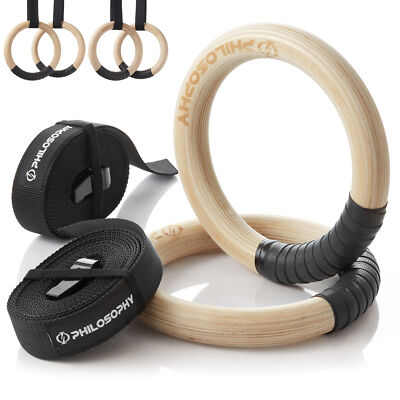 Wood Gymnastic Rings 1''/1.25'' Exercise Ring Set w/ Adjustable Straps, Grip Tape