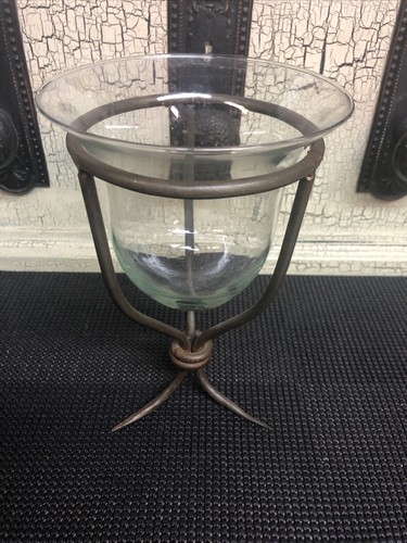 9” metal based Glass candle holder, barbed feet, Bell Shaped Glass industrial - Picture 2 of 9